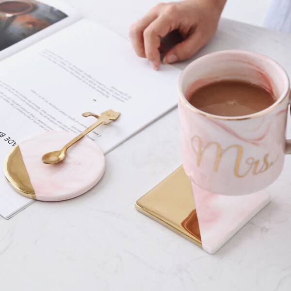 ขาย แผ่นรองแก้วหินอ่อน Golden Edge Pink Marble Coaster พิเศษ ราคา