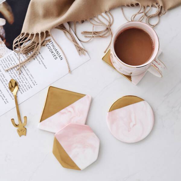 ขาย แผ่นรองแก้วหินอ่อน Golden Edge Pink Marble Coaster ลด ราคา