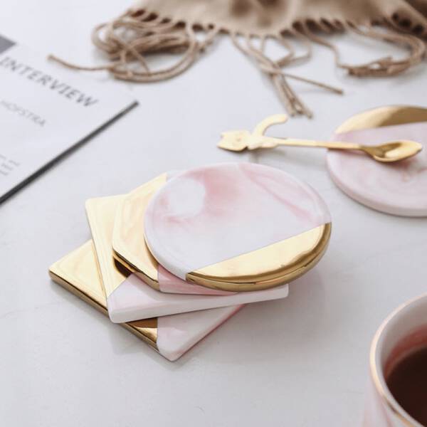 ขาย แผ่นรองแก้วหินอ่อน Golden Edge Pink Marble Coaster ราคา ลด