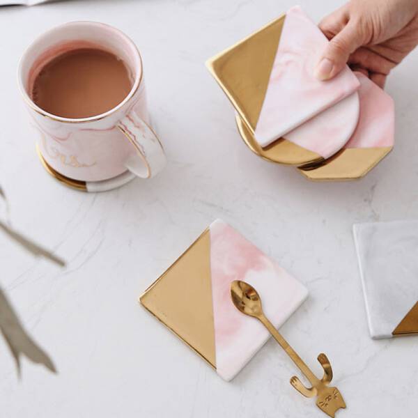 ขาย แผ่นรองแก้วหินอ่อน Golden Edge Pink Marble Coaster ราคาลด