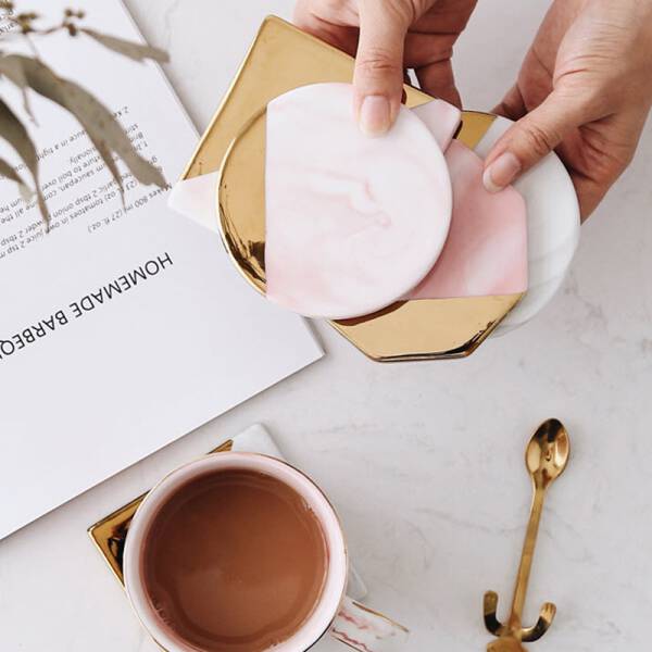 ขาย แผ่นรองแก้วหินอ่อน Golden Edge Pink Marble Coaster ลดราคา