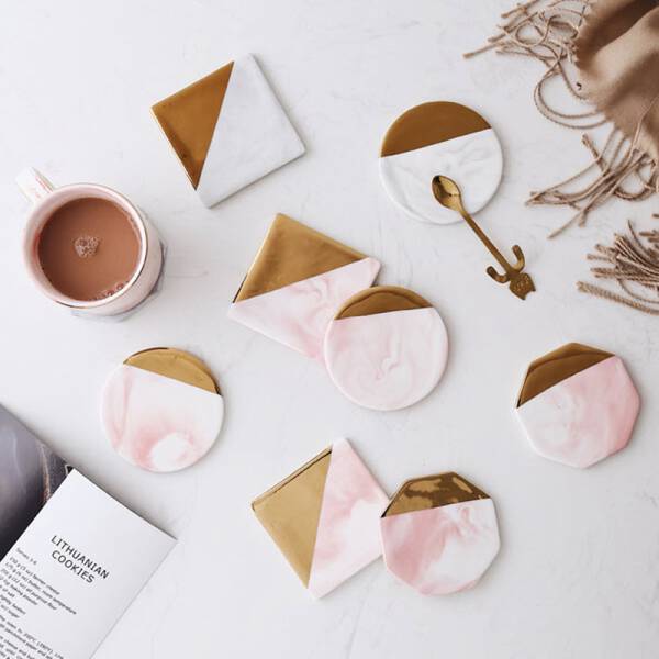 ขาย แผ่นรองแก้วหินอ่อน Golden Edge Pink Marble Coaster พิเศษ