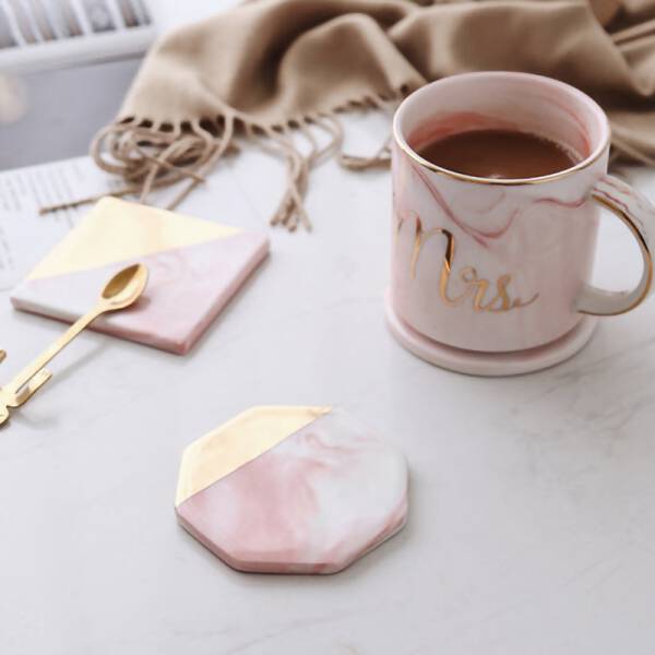 ขาย แผ่นรองแก้วหินอ่อน Golden Edge Pink Marble Coaster ราคา