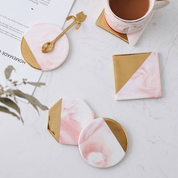 ขาย แผ่นรองแก้วหินอ่อน Golden Edge Pink Marble Coaster ลด