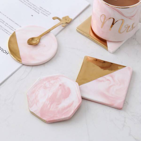 ขาย แผ่นรองแก้วหินอ่อน Golden Edge Pink Marble Coaster