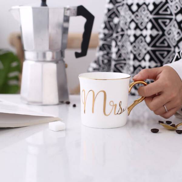 ขาย ถ้วยกาแฟขอบทอง Mr. & Mrs. MUG GOLD SERIES ราคาลด