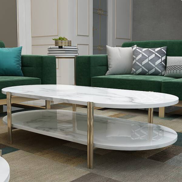 ขาย โต๊ะกลางยาวลายหินอ่อนสองชั้น 2 Layers Oval Marble Coffee Table
