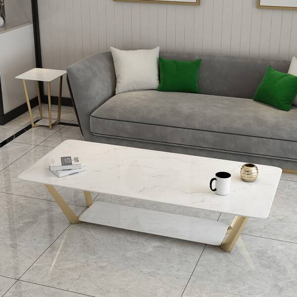 ขาย โต๊ะกลางยาวลายหินอ่อนสองชั้น Premium Circle Marble Coffee Table Set V