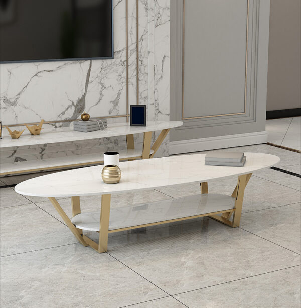 ขาย โต๊ะกลางยาวลายหินอ่อนสองชั้น 2 Layers Oval Coffee Table