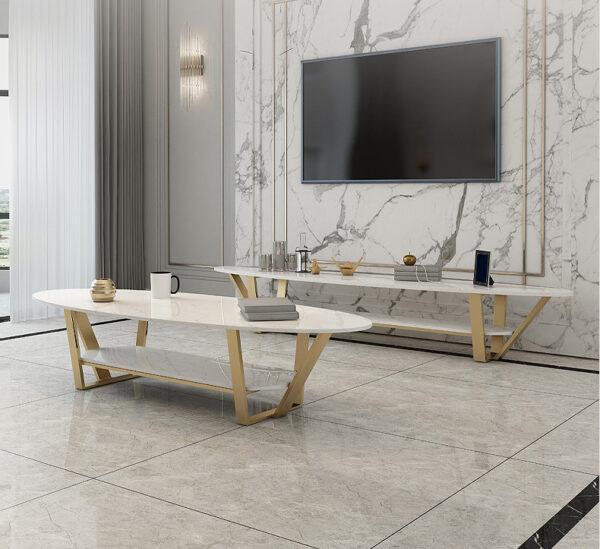 ขาย โต๊ะกลางยาวลายหินอ่อนสองชั้น 2 Layers Oval Coffee Table