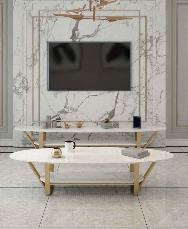ขาย โต๊ะกลางยาวลายหินอ่อนสองชั้น 2 Layers Oval Coffee Table