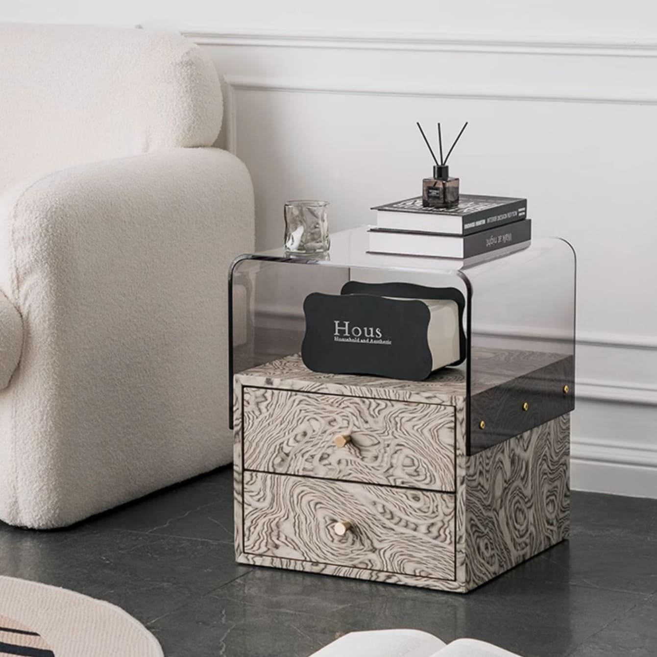 โต๊ะข้างตกแต่งบ้าน – Lucent Woodgrain Bedside Table